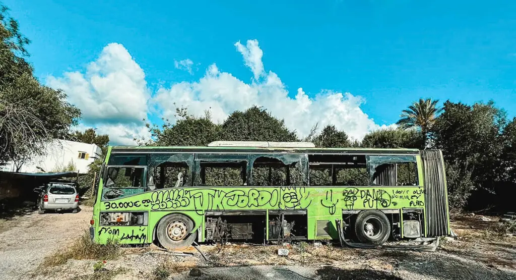 abandoned bus in the parking of Privilege Ibiza